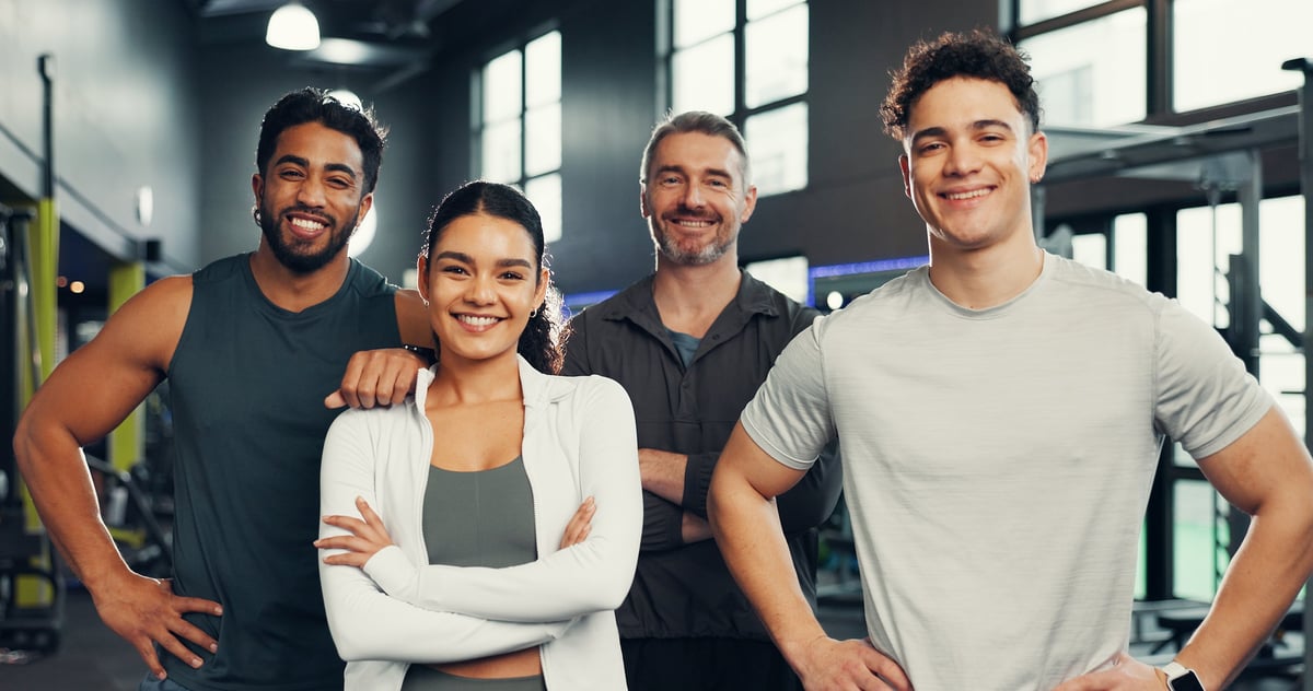 Fitness, friends and portrait of people in gym with smile for exercise, training and workout