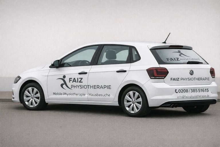 White Volkswagen vehicle wrapped with FAIZ Physiotherapie branding and contact information displayed on both sides